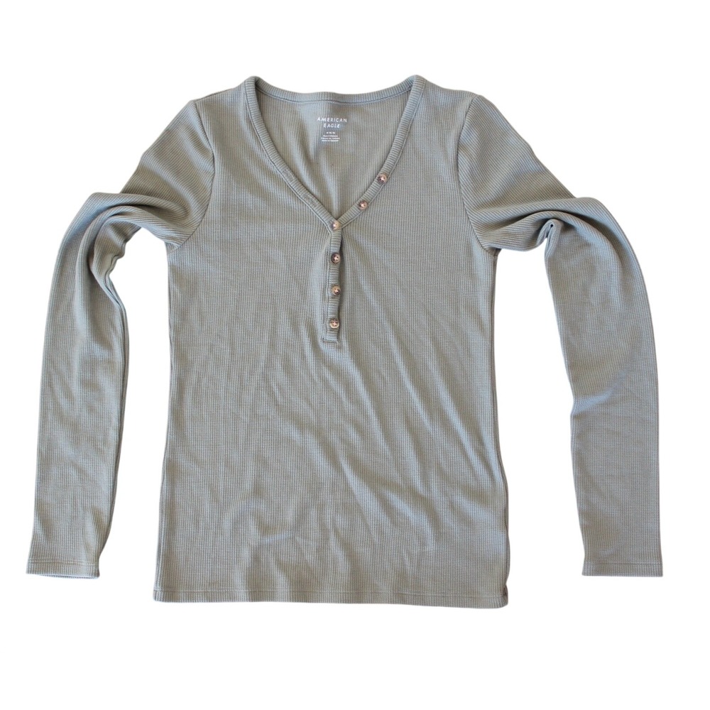 American Eagle Women Sage Green Waffle Knit Henley Long Sleeve Tee Shirt Medium